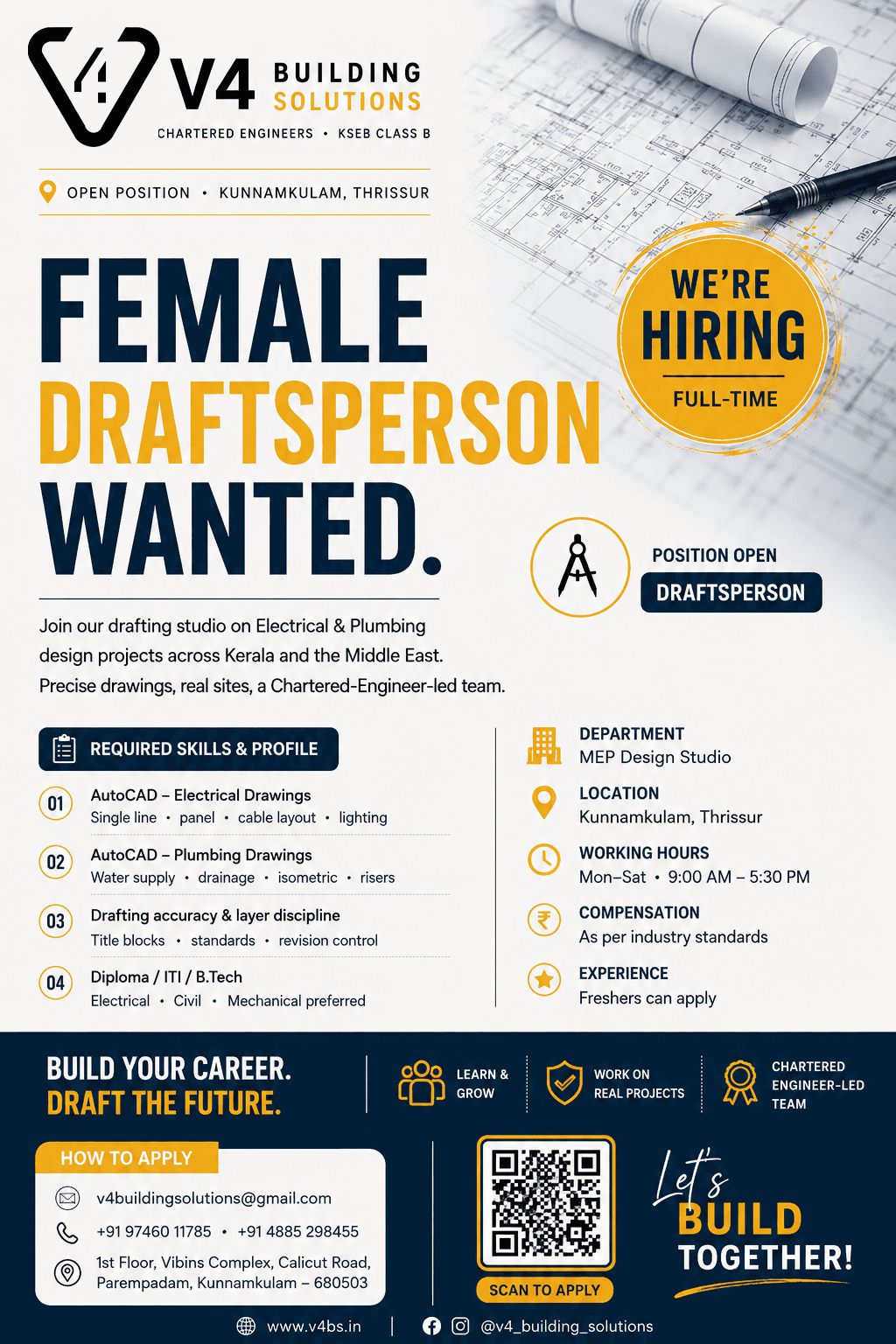 Hiring Female Draftsperson - V4 Building Solutions, Kunnamkulam/Thrissur. AutoCAD electrical and plumbing drafting jobs.