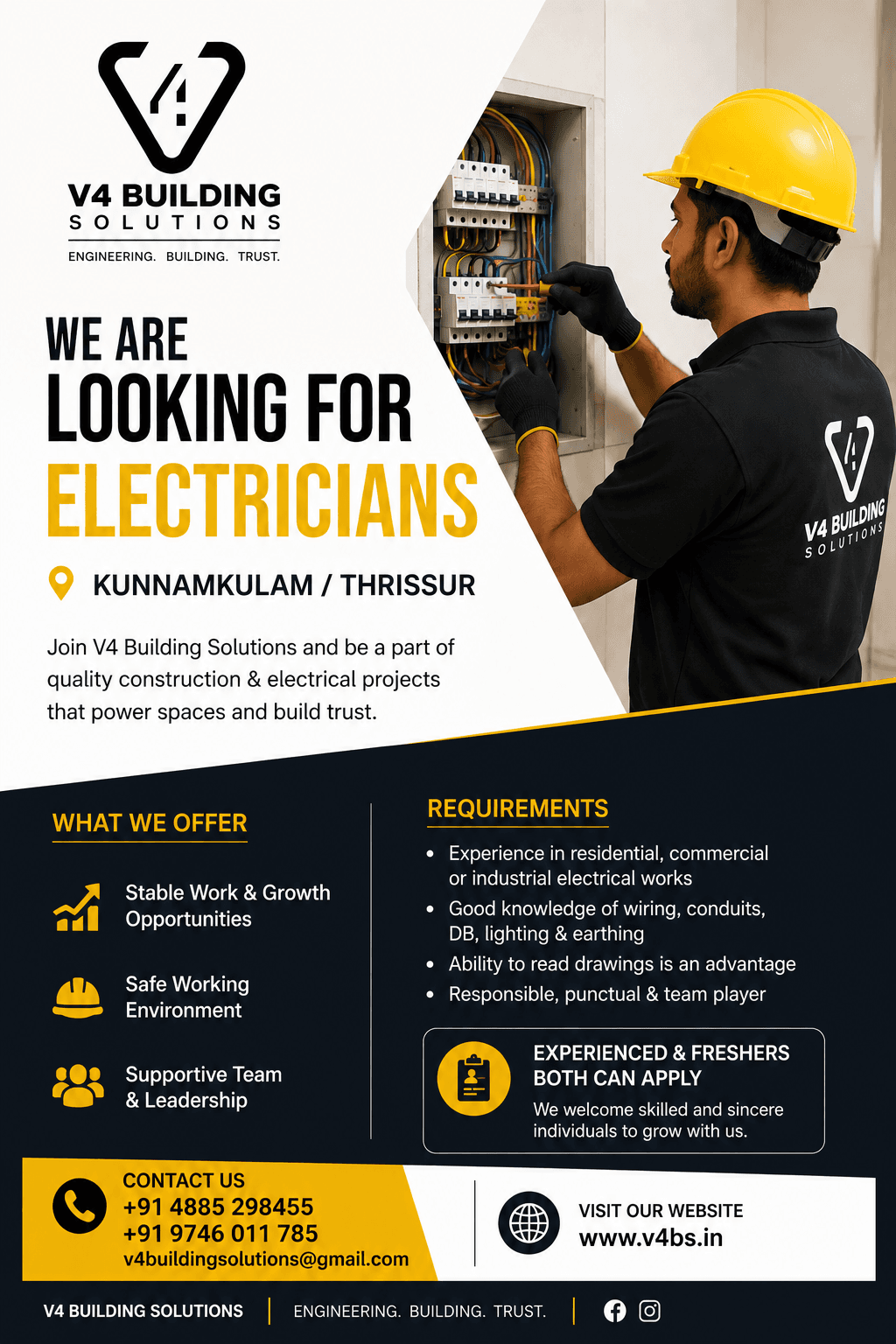 Hiring Electricians - V4 Building Solutions, Kunnamkulam/Thrissur. KSEB licensed electrical contractor jobs in Kerala.
