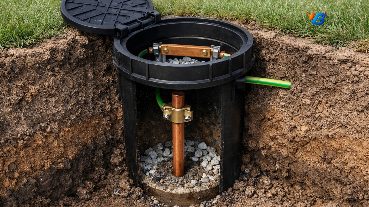 Earth rod, earthing conductor and inspection chamber installation