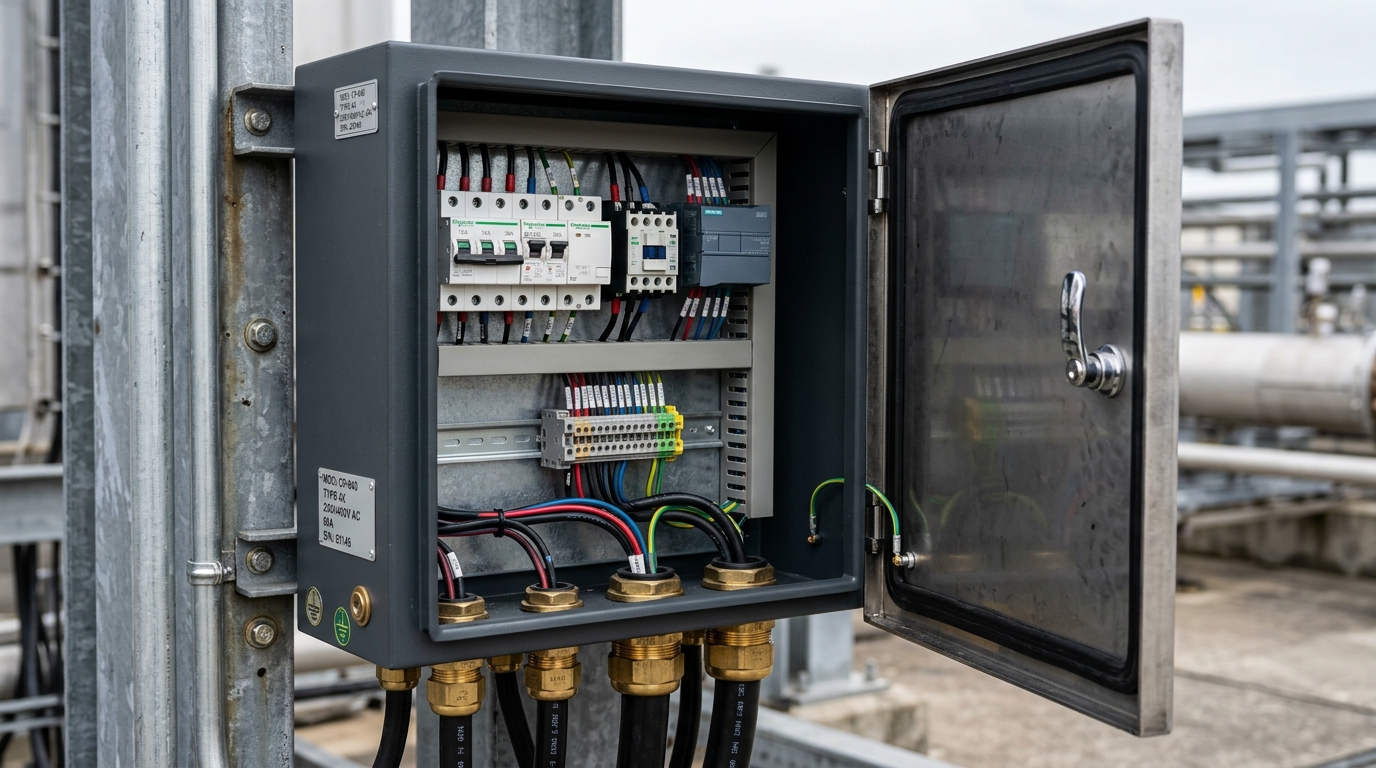 Weatherproof outdoor electrical distribution panel showing door perimeter rubber gasket seals and compression cable glands